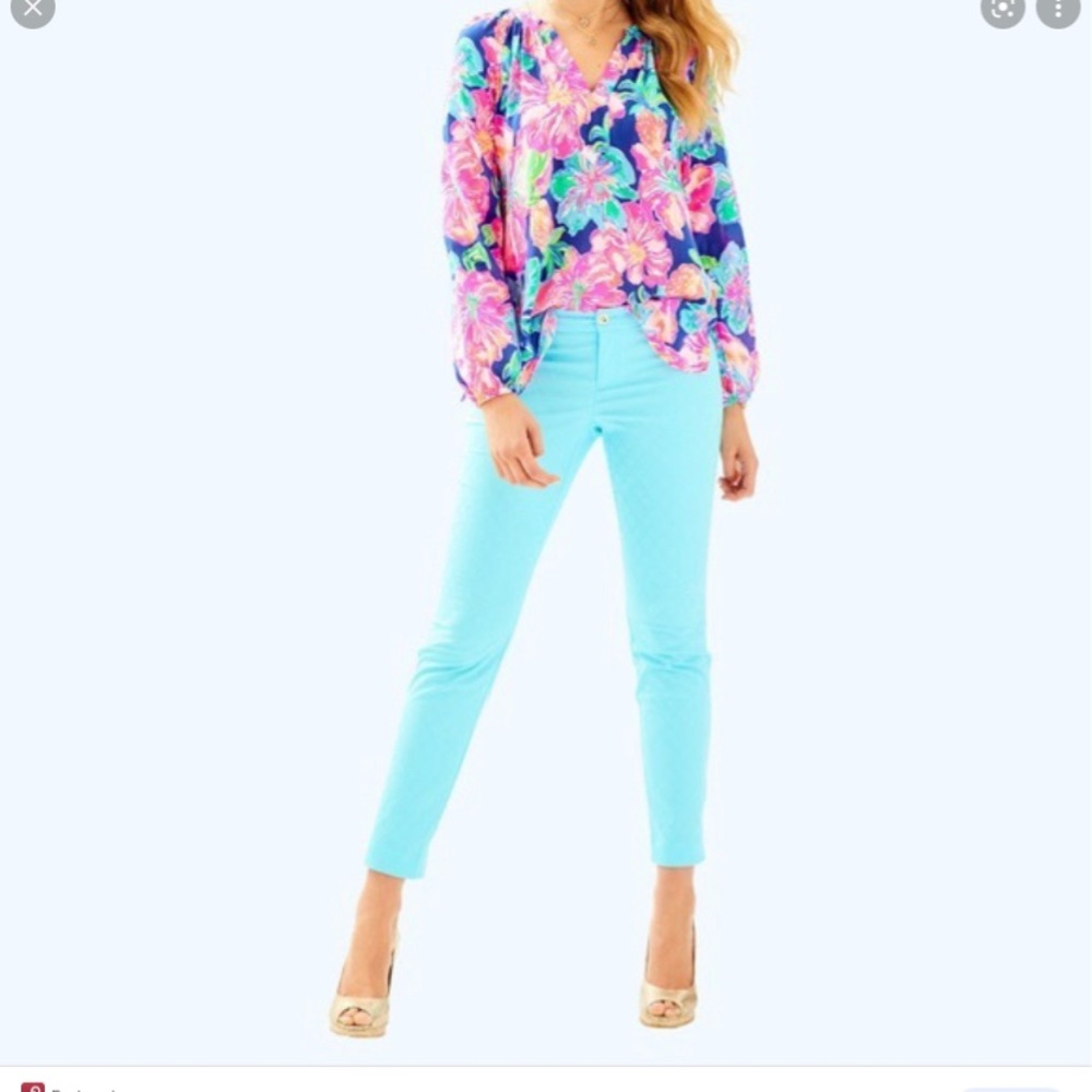 Lilly Pulitzer Aqua Skinny Pants with Floral Top (Aqua, Navy, Pink)